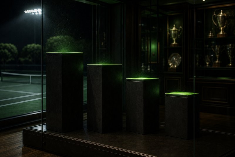 Vier leere Trophäen-Sockel in einer dunklen Vitrine
